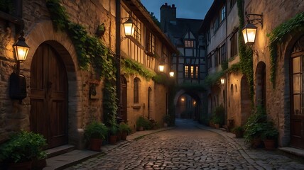Obraz premium A medieval alley at dusk filled with ancient buildings