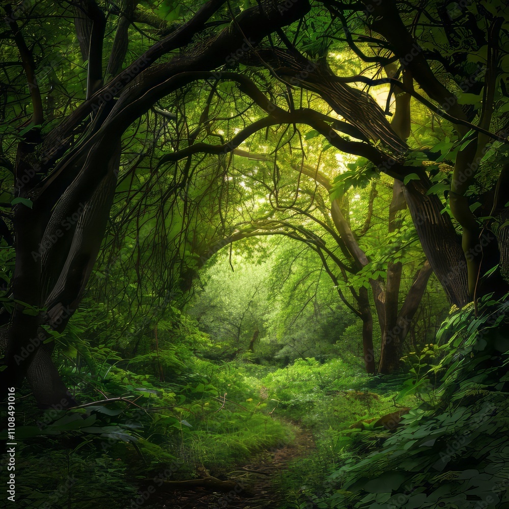 Poster lush forest with empty space for writing.