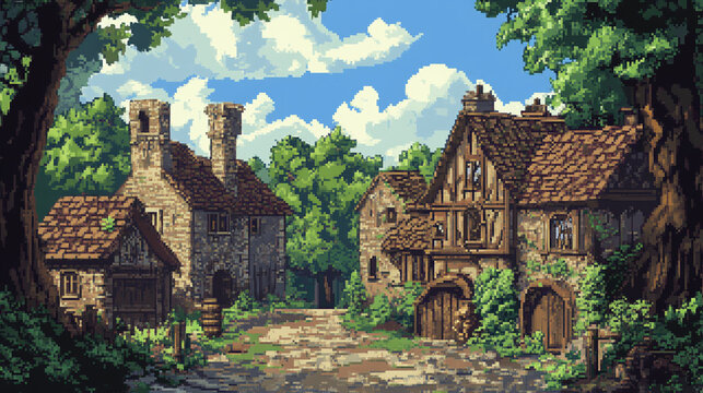 2d pixel art of medieval village, pixel art, 16-bit, 32-bit