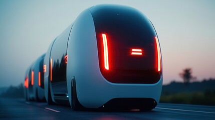 Obraz premium Futuristic autonomous vehicles with sleek designs traveling on a road during twilight, showcasing advanced technology and modern mobility.