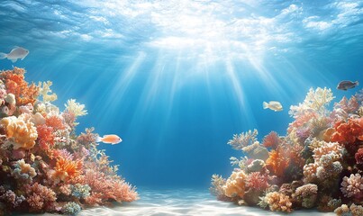 Obraz premium A vibrant coral reef landscape, teeming with colorful marine life, vivid corals in shades of orange, pink, and purple, schools of tropical fish swimming gracefully, sunlight streaming through clear tu