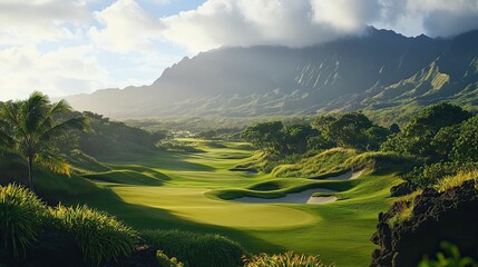 Obraz premium Serene golf course nestled in lush, mountainous terrain.