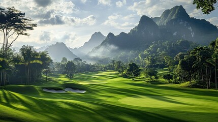 Serene golf course nestled in lush, mountainous terrain.