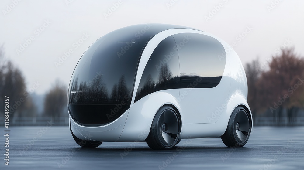 Poster a sleek, futuristic autonomous vehicle with a rounded design and large windows, parked in a serene o