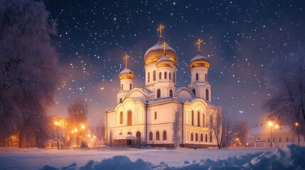 Fototapeta premium White Church Under a Starry Night Sky in a Snowy Landscape