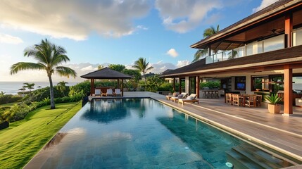 Fototapeta premium Stunning tropical villa with infinity pool, ocean view, and lush greenery, perfect for luxury travel and relaxation.