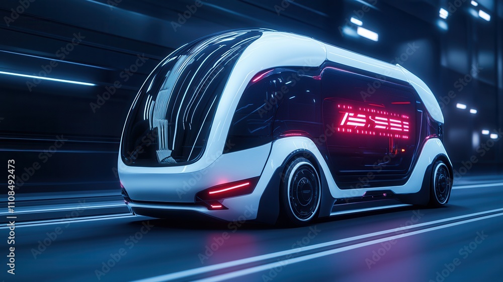 Poster a futuristic self-driving vehicle with sleek design and illuminated features, navigating through a m