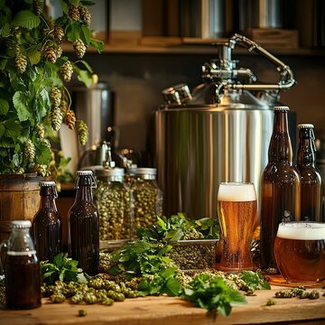 Craft beer brewing: hops, bottles, beer glasses, fermenter.