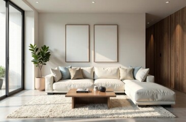 Modern living room with an emphasis on minimalist design. The space features a low-profile sofa, a sleek coffee table, and details of simple decor and artwork