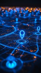 An eye-catching visualization of blue glowing location pins on a dark map, interconnected by dynamic path lines, illustrating a vibrant network of travel routes and destinations. 