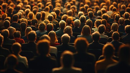 Obraz premium A Large Audience of People Seen From Behind in a Darkened Room