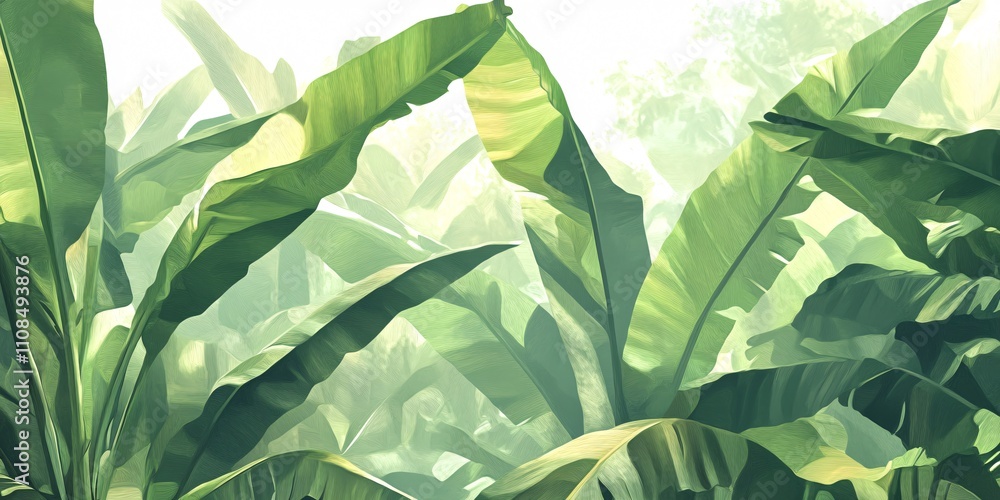 Poster lush green foliage with light filtering through, creating a serene atmosphere.