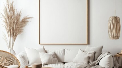 White Sofa and Empty Frame in Minimalist Living Room