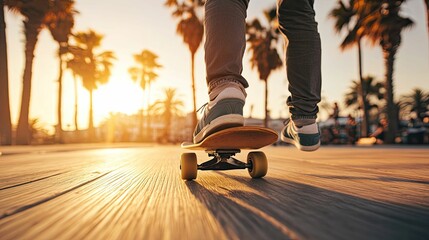 Person skateboarding at sunset, palm trees.