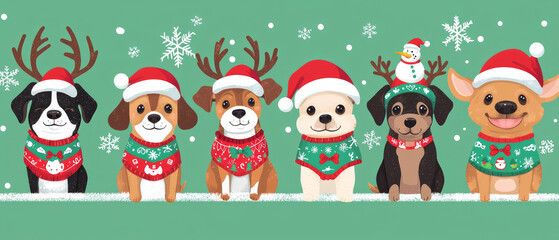 Naklejka premium A group of cute dogs wearing Christmas sweaters and deer antlers, standing in front of snowflakes on a green background, generative AI