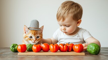 Fototapeta premium Adorable Baby and Kitten with Tomatoes Child Pet Food Healthy