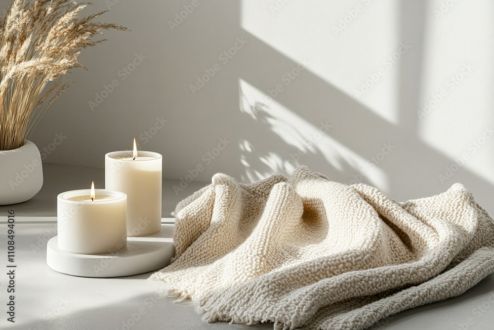 Poster a serene minimalist setting featuring lit candles and a soft blanket, creating a cozy atmosphere in 