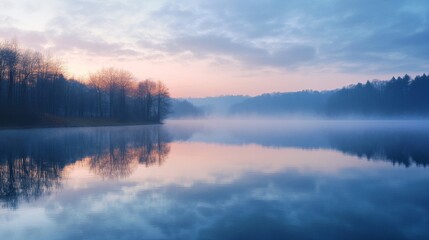 Fototapeta premium Tranquil Lake Reflecting a Foggy Sunset Sky