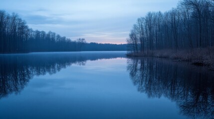 Serene Reflection of Trees on a Calm Lake at Dusk
