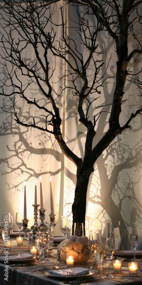 Poster a table with a tree centerpiece and candles. the table setting is elegant and sophisticated