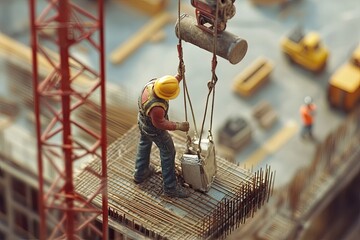 Naklejka premium Construction Worker Lifting Concrete On A Crane