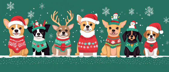 Fototapeta premium A group of cute dogs wearing Christmas sweaters and deer antlers, standing in front of snowflakes on a green background, generative AI