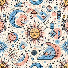 Fototapeta premium vector doodle pattern sun moon clouds