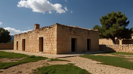 Fototapeta premium Sunlit stone ruin, rectangular structure, two doorways, grassy area, clear sky, trees.