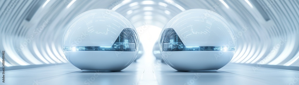 Poster two futuristic spherical structures in a sleek, illuminated corridor create a modern, tech-inspired 