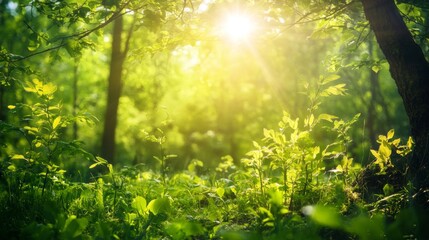 Fototapeta premium Sunbeams Filtering Through Lush Green Forest Undergrowth
