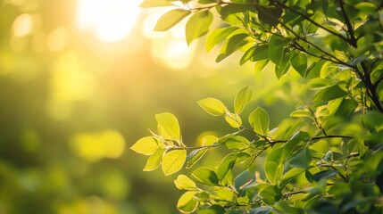 Obraz premium Sunlight Filtering Through Green Leaves of a Tree Branch
