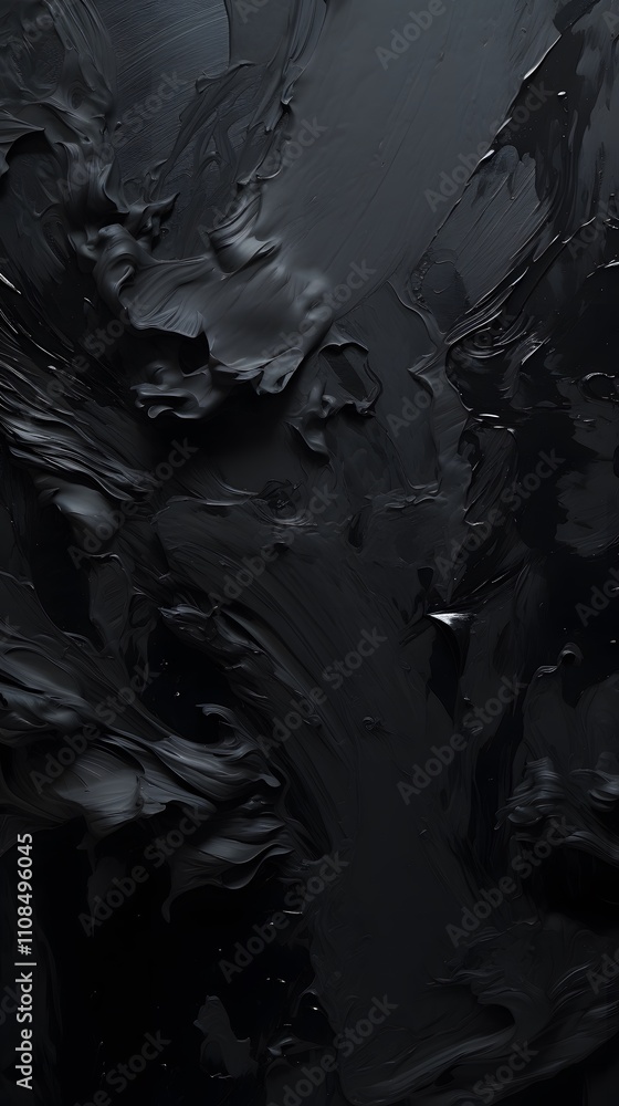 Poster a textured black surface with abstract swirls and layers, evoking depth and intrigue.
