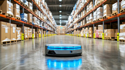 Fototapeta premium Modern Warehouse with Automated Robot on Smooth Concrete Floor