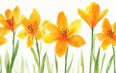 Obraz premium Bright yellow flowers with green stems in watercolor style