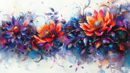 Vibrant watercolor flowers with warm tones and abstract background