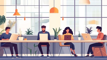 Four Individuals Working on Laptops in an Office Setting