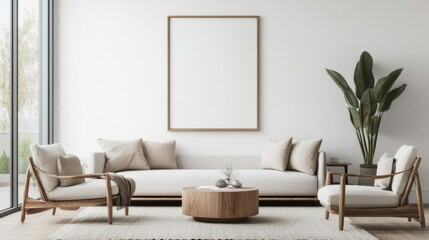 Minimalist Living Room Interior with Wooden Furniture and Large Framed Canvas