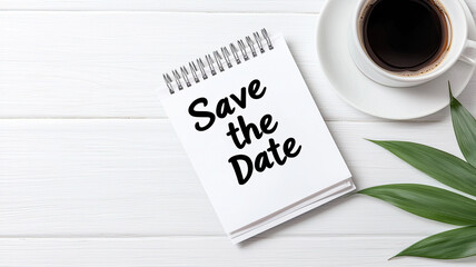 Save date note with coffee and green leaf on wooden table