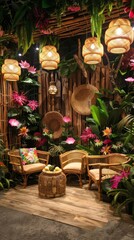 A cozy indoor tropical lounge featuring rattan furniture, vibrant green plants, and warm lighting, creating a relaxing and inviting atmosphere.
