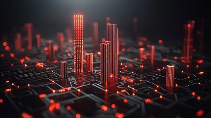 Fototapeta premium Futuristic cityscape with glowing red skyscrapers and digital grid