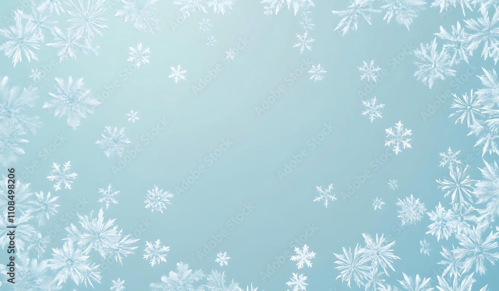 Poster a serene winter background featuring delicate snowflakes scattered across a soft blue gradient.
