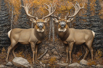 Obraz premium Two majestic deer stand in forest with autumn foliage