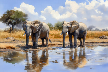 Fototapeta premium Two elephants stand by waterhole under bright sky