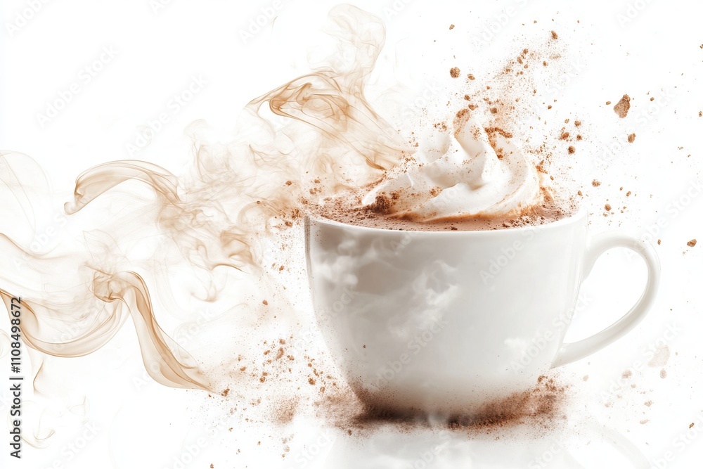 Poster dynamic image of a coffee cup with whipped cream and cocoa powder, creating a sense of motion and en