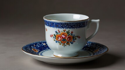 Fototapeta premium Elegant floral teacup and saucer set on a neutral background.