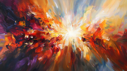 Abstract painting of vibrant colors radiating from a central light source, creating a dynamic and energetic composition.