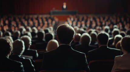 A man in a suit sits in the audience at a formal event