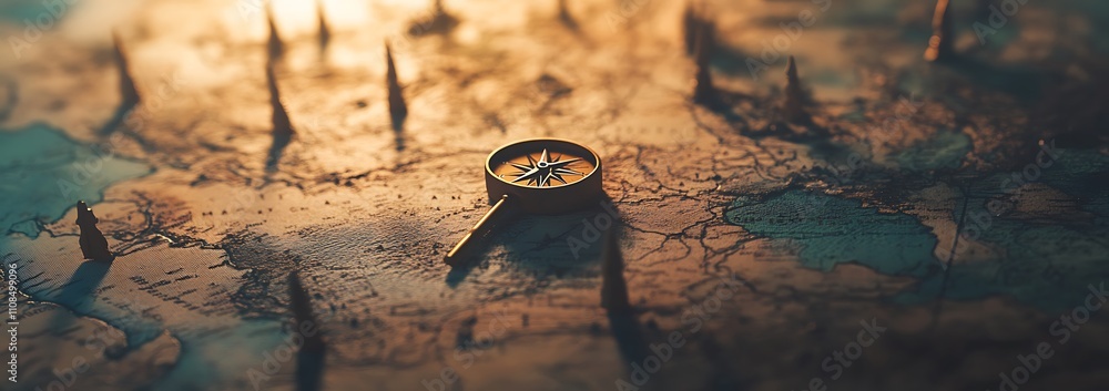 Aufkleber A close-up of a compass resting on a textured map, with abstract peaks and valleys illuminated by warm light.