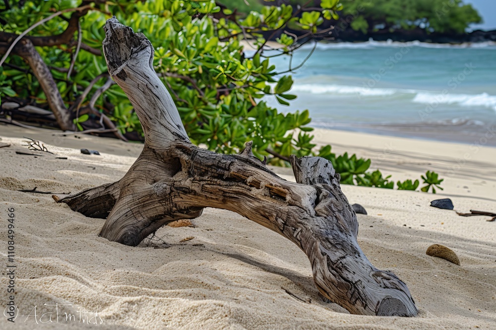 Poster a large log is laying on the beach. the beach is sandy and the water is calm. the log is partially s
