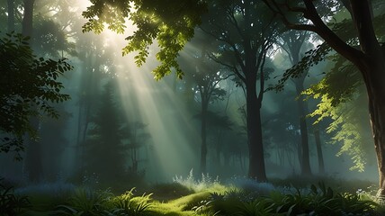 Fototapeta premium Soft sunlight filtering through lush green trees, casting dappled shadows on the forest floor, symbolizing the serene contact with nature, perfect for outdoor and eco-friendly designs